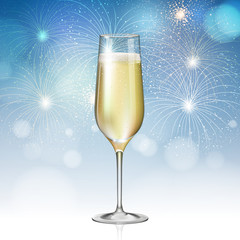 Realistic vector illustration of champagne glass on holiday blue firework background