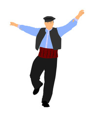 A Greek Evzone dancing vector isolated on white background. Traditional folk dance. Dancing man vector illustration. Traditional Balkan dance kolo. Sirtaki, Syrtaki, Zorba dance. Wedding dance.