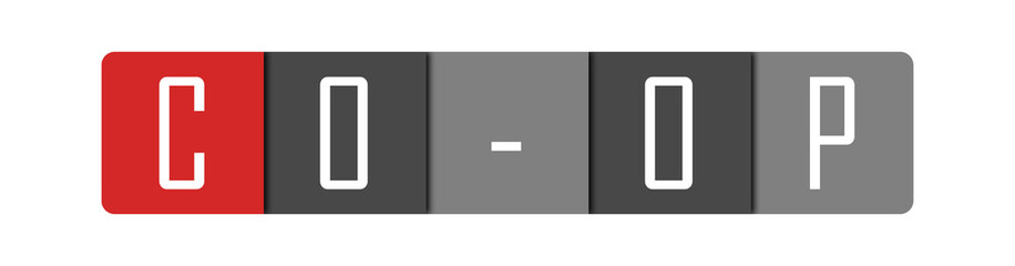 Co-op - clear white text written in red and gray boxes on white background