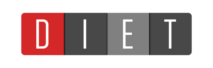 Diet - clear white text written in red and gray boxes on white background