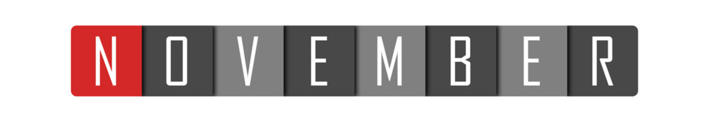 November - clear white text written in red and gray boxes on white background