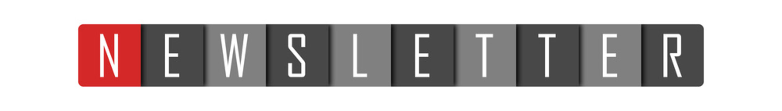 Newsletter - clear white text written in red and gray boxes on white background