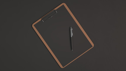 Wooden clipboard with black paper and pen