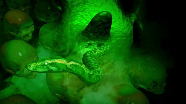 animation of people's skull and snakes in front of screen