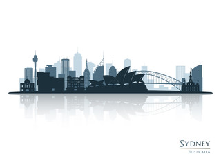 Naklejka premium Sydney niebieski sylwetka panoramę z odbiciem. Ilustracji wektorowych.