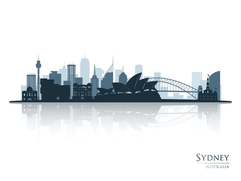 Sydney blue skyline silhouette with reflection. Vector illustration.