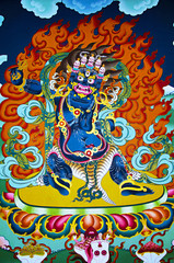 Mural painting of Lord of Death on the wall. Located inside the Royal Palace known as Dechencholing Palace. Thimphu
