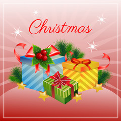 colorful christmas card with gift box and ribbon decoration