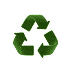 Green recycle symbol with grass on white background. Realistic rendering.