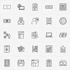 Accountant line icon set with abacus, printer and graphics