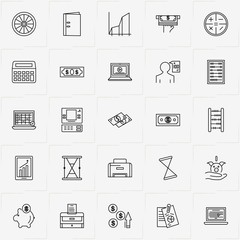 Accountant line icon set with calculator buttons, file folder and money