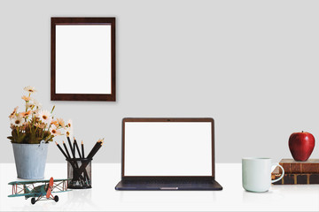 Workspace with modern desktop computer, office supplies flower plant at home or studio. Mock up.