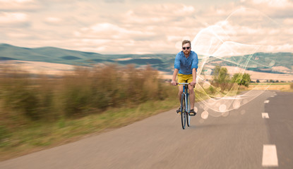 Naklejka premium Gorgeous biker in the nature going somewhere with ethereal concept
