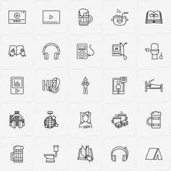 Activities line icon set with music player, sleeping and tent