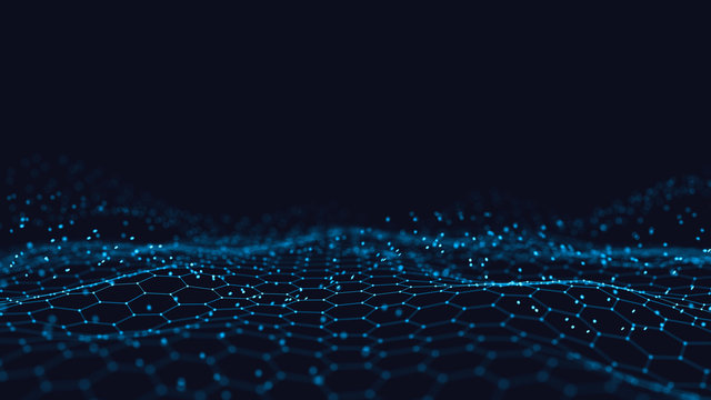 Abstract 3d technology and science neon visualization. Blockchain and cryptocurrency. Digital wallpaper. Business concept. Big data and artificial intelligence. Rendering computer virtual reality