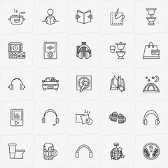 Activities line icon set with tent, disco globe and cooking