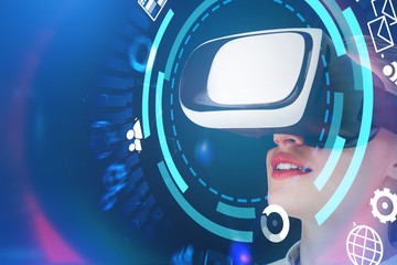 Woman in vr glasses in wifi icons hud interface
