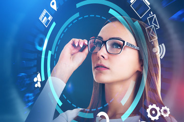 Woman in glasses looking at internet icons hud