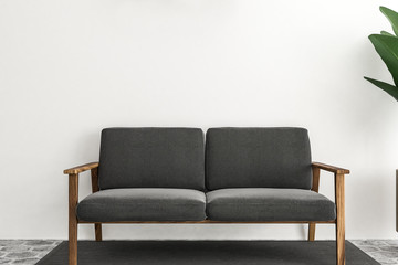 White living room interior, grey sofa
