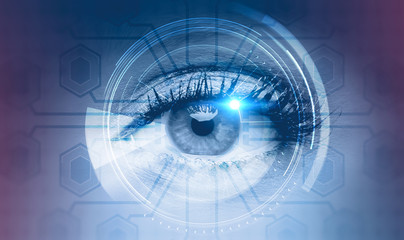 Woman eye in hud interface, circuits