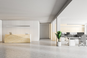 Wooden office reception desk and open space