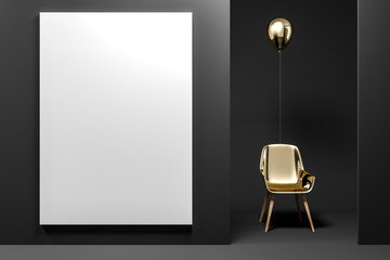 Gold chair with balloon, mock up poster