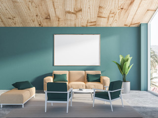 Green living room interior, beige sofa, poster