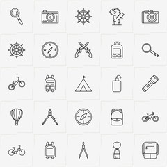 Adventure line icon set with bicycle, water flask and hand wheel