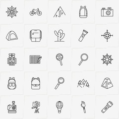 Adventure line icon set with exercise book, cactus and compass