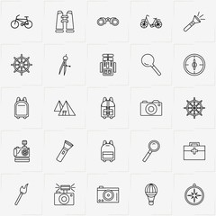 Adventure line icon set with flashlight, backpack and compass