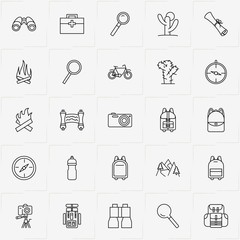 Adventure line icon set with bonfire, bicycle and backpack