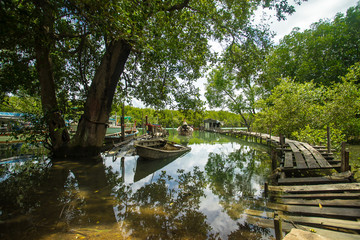Obraz premium old wooden bridge walkway small pier, long tail fishing boat and ruin old unused boat in canal near evergreen mangrove tree forest