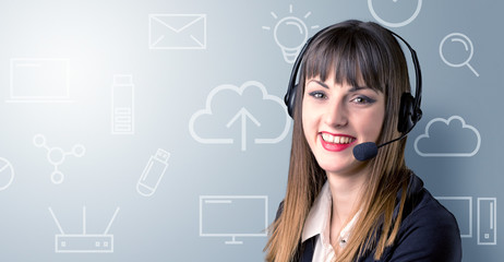 Young female telemarketer with white mixed media icons around her