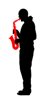 recommend clip art: Saxophone player vector silhouette illustration. Music man play wind instrument. Music artist. Jazz man. Bugler street performer. Musician play trumpet. Entertainment for public. Classic music event.