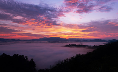 Beautiful sunrise or sunset with fog flowing in the mountain beautiful landscape scenery view in thailand
