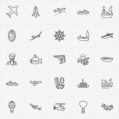 Air And Water Transport line icon set with hang glider, submarine and hand wheel - 226162196