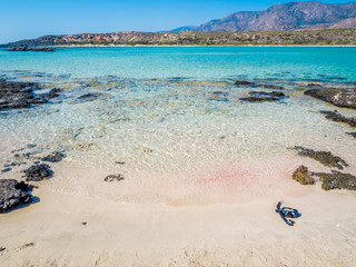 Snorkeling in Elafonisi, Crete, Greece, a paradise beach with turquoise water, an island located close to the southwestern corner of the Mediterranean island of Crete