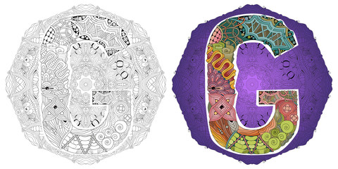 Mandala with letter G. Vector decorative zentangle object
