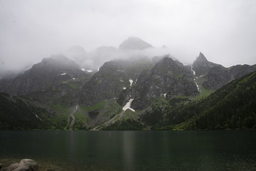 View on Tatra mountains from Morskie Oko, Poland, heavy fog