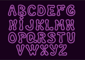 Neon style alphabet with hand drawn letter shapes in purple color on dark violet background.