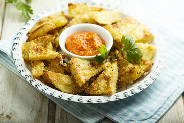 Baked potato with roasted pepper dip