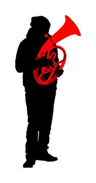 recommend clip art: Tenor horn player vector silhouette. Music man play wind instrument. Music artist. Jazz man saxhorn. Bugler street performer. Musician play trumpet. Entertainment for public. Classic music event.