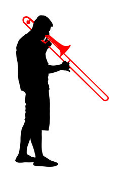 recommend clip art: Trombone player vector silhouette illustration. Music man play wind instrument. Music artist. Jazz man. Bugler street performer. Musician play trumpet. Entertainment for public. Classic music event.