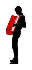 Musician accordion man vector silhouette Illustration isolated on white background. Music event on the public. Street performer amusement public.  Music artist. Jazz man. 