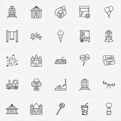 Amusement Park line icon set with ballons, ice cream and stall