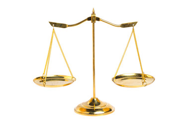 Gold brass balance scale isolated on white background with clipping path. Sign of justice, lawyer
