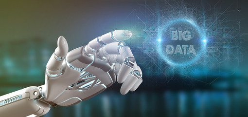 Obraz na płótnie Canvas Cyborg hand holding a Big data title 3d rendering