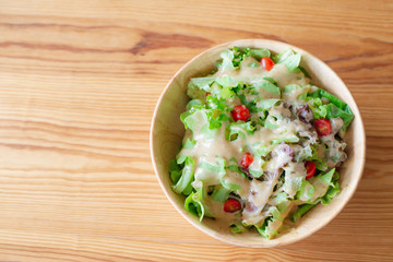 Top view of Healthy meal for good health. Salad and fresh organic vegetable form hydroponic farm,copy space.