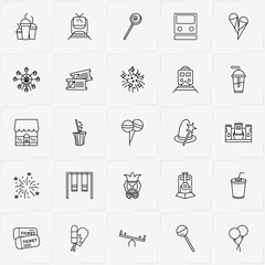 Amusement Park line icon set with ice cream, magic hat with stick and ballons