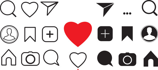 Social media Instagram with interface buttons, line and solid icons: home, camera, comment, search, photo camera, heart, like, user story.